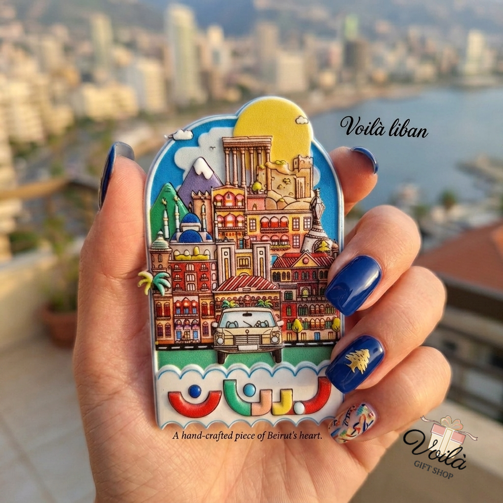 Hand-crafted Beirut heritage souvenir magnet showing Lebanese landmarks and Arabic script