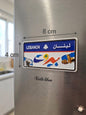Decorative Beirut Lebanon license plate fridge magnet measuring 8cm by 4cm, featuring the Lebanese cedar, stylized Beirut Arabic text, Raouche Rocks, and Martyrs' Monument, placed on a stainless steel refrigerator.