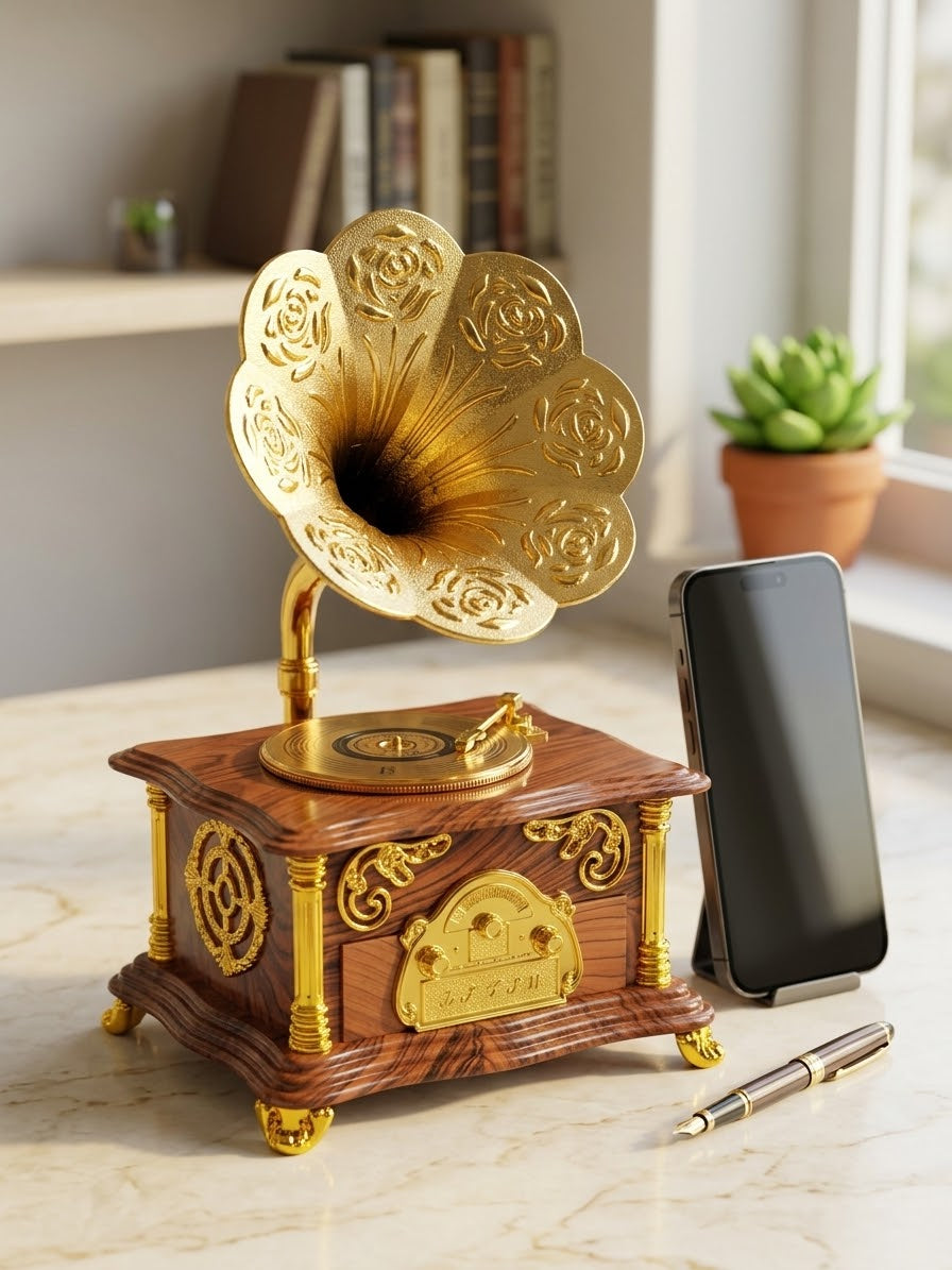 Vintage gold and wood gramophone music box on a marble table