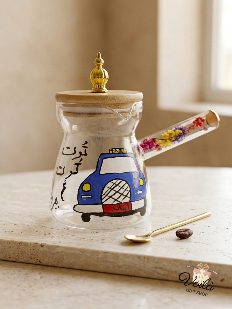 Hand-painted glass rakweh featuring a blue Lebanese taxi and dried flower handle