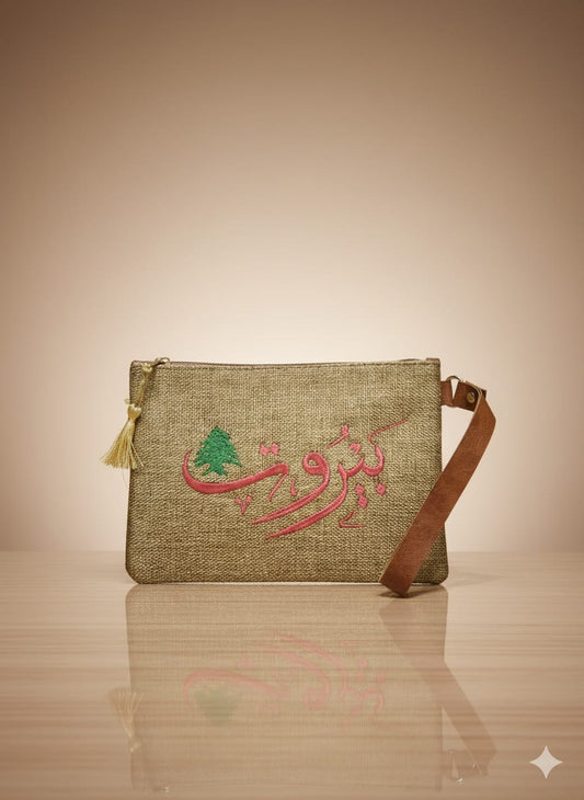Textile bag with embroidery on a beige background