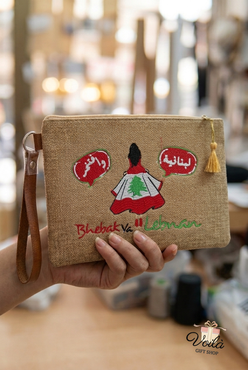 Embroidered burlap pouch with Lebanese flag dress and Bhebak Ya Lebnan text