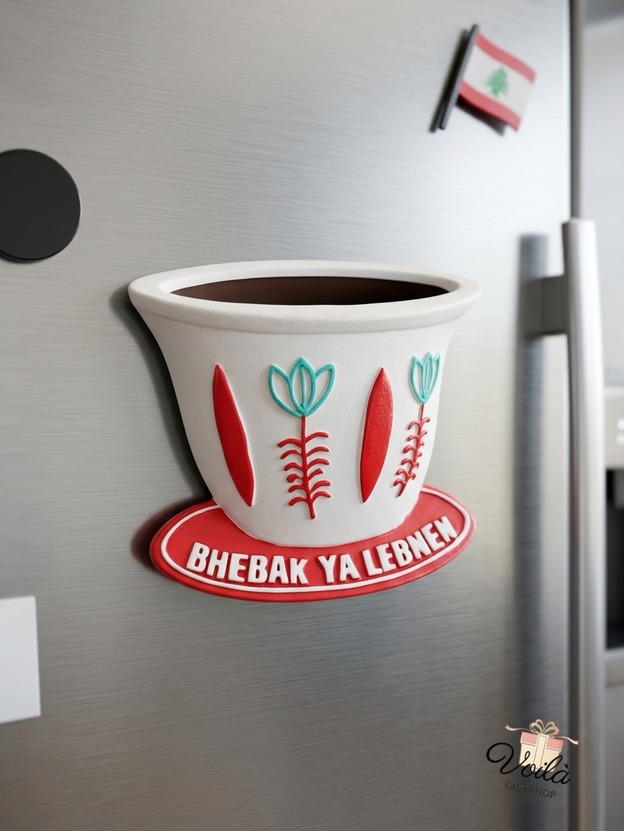 Bhebak Ya Lebnen traditional Lebanese coffee cup fridge magnet on a stainless steel refrigerator