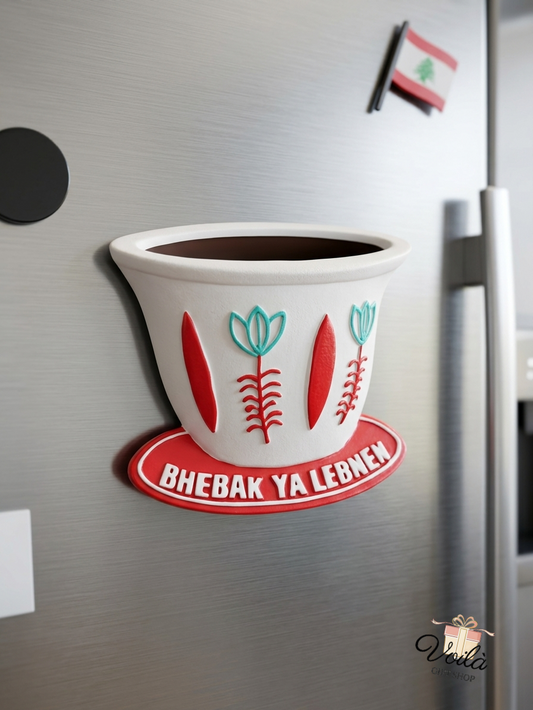 Bhebak Ya Lebnen traditional Lebanese coffee cup fridge magnet on a stainless steel refrigerator