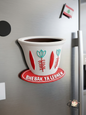 Bhebak Ya Lebnen traditional Lebanese coffee cup fridge magnet on a stainless steel refrigerator