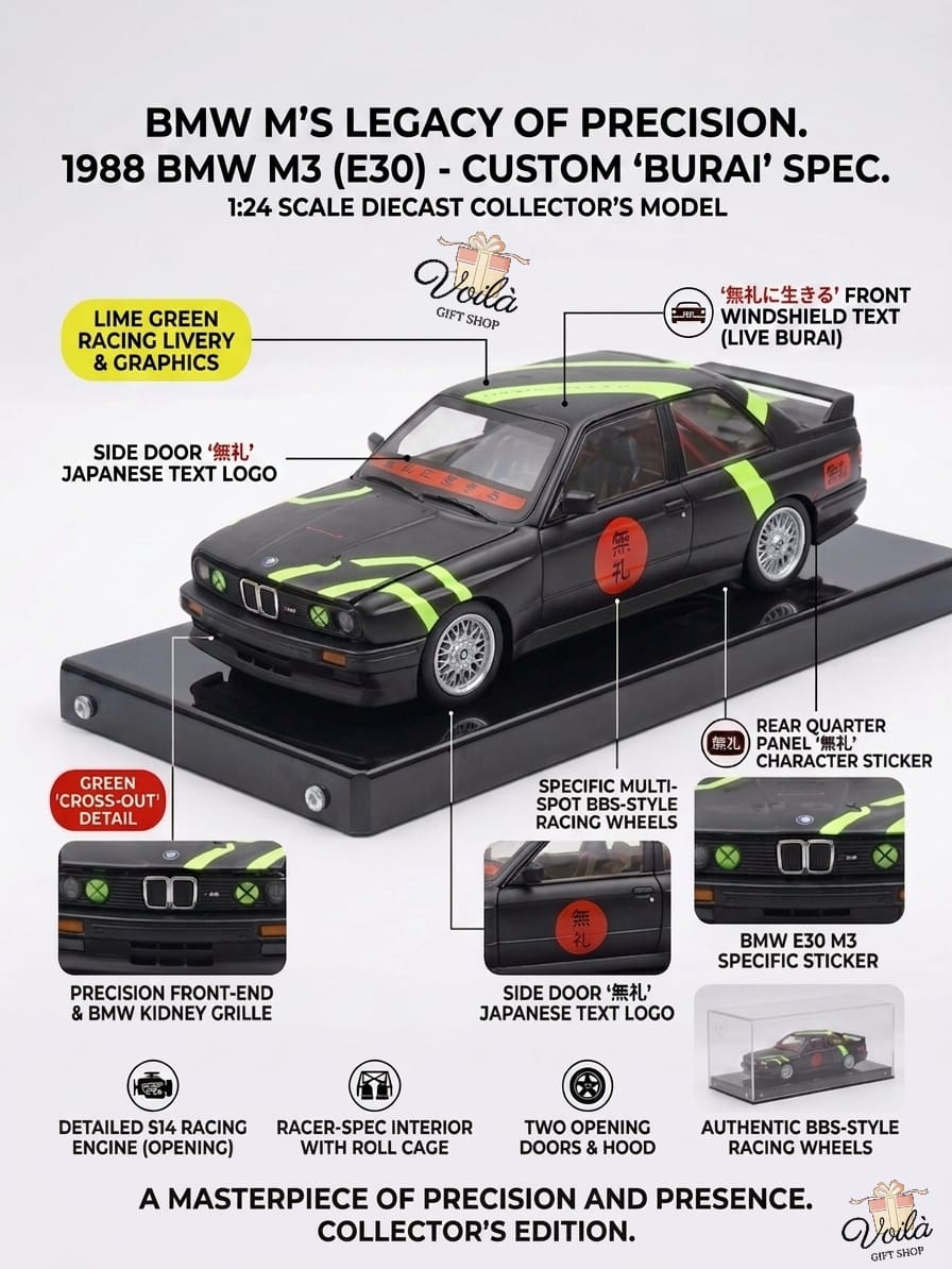 1:24 scale diecast BMW M3 model with customization details on a white background