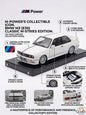 Model BMW M3 (E30) on a display stand with features highlighted, featuring BMW Power branding.