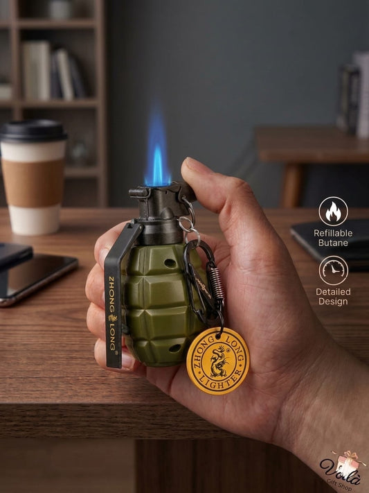 Hand holding a novelty grenade lighter with a flame, on a wooden surface.