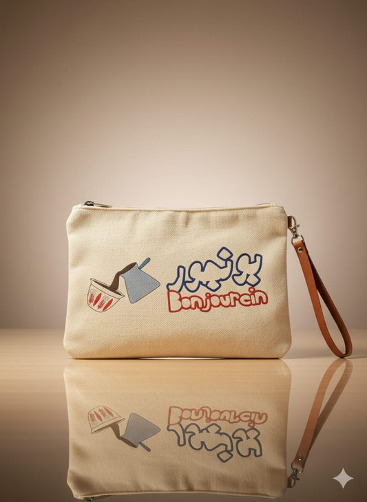 Beige pouch with 'Bonjour' text and graphics on a reflective surface