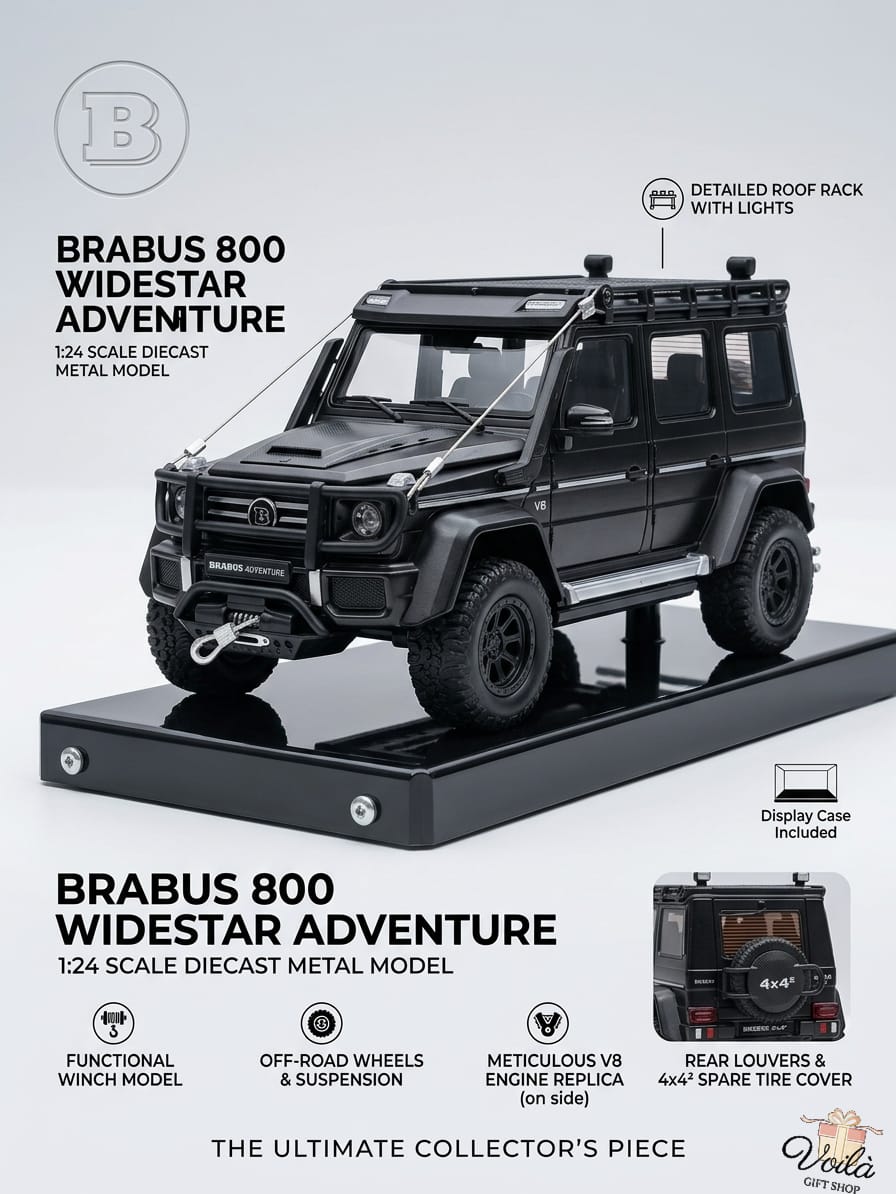 Brabus 800 Widestar Adventure model car on a gray background with product details.