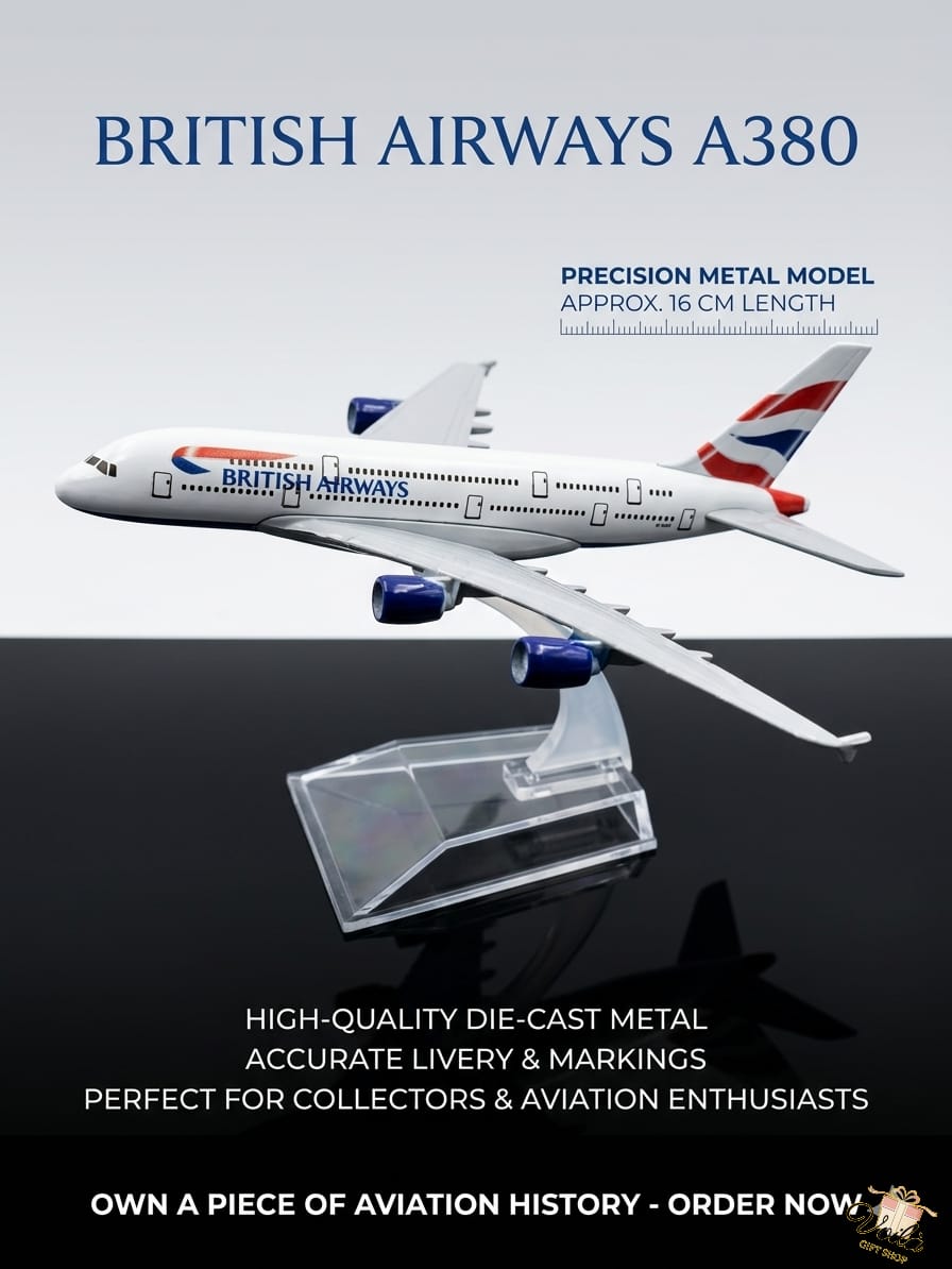 British Airways A380 model airplane with branding and product details on a dark background