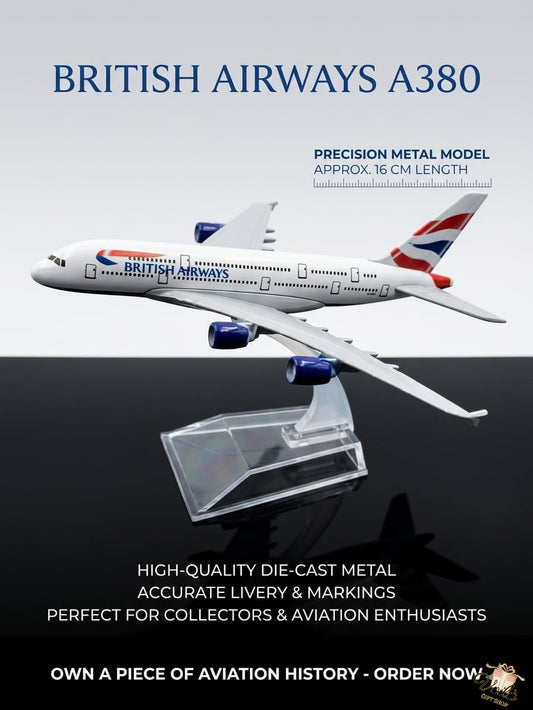 British Airways A380 model airplane with branding and product details on a dark background