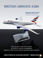 British Airways A380 model airplane with branding and product details on a dark background