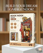 Book Nook Garage wooden puzzle packaging with a wooden shelf background