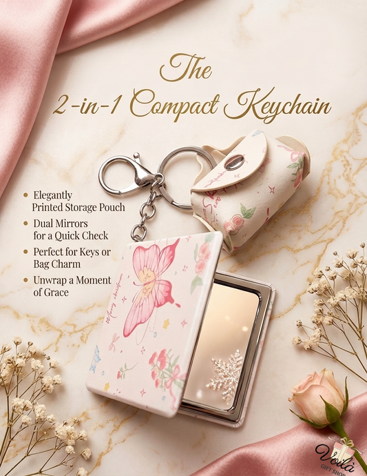Elegant butterfly compact mirror keychain with matching storage pouch