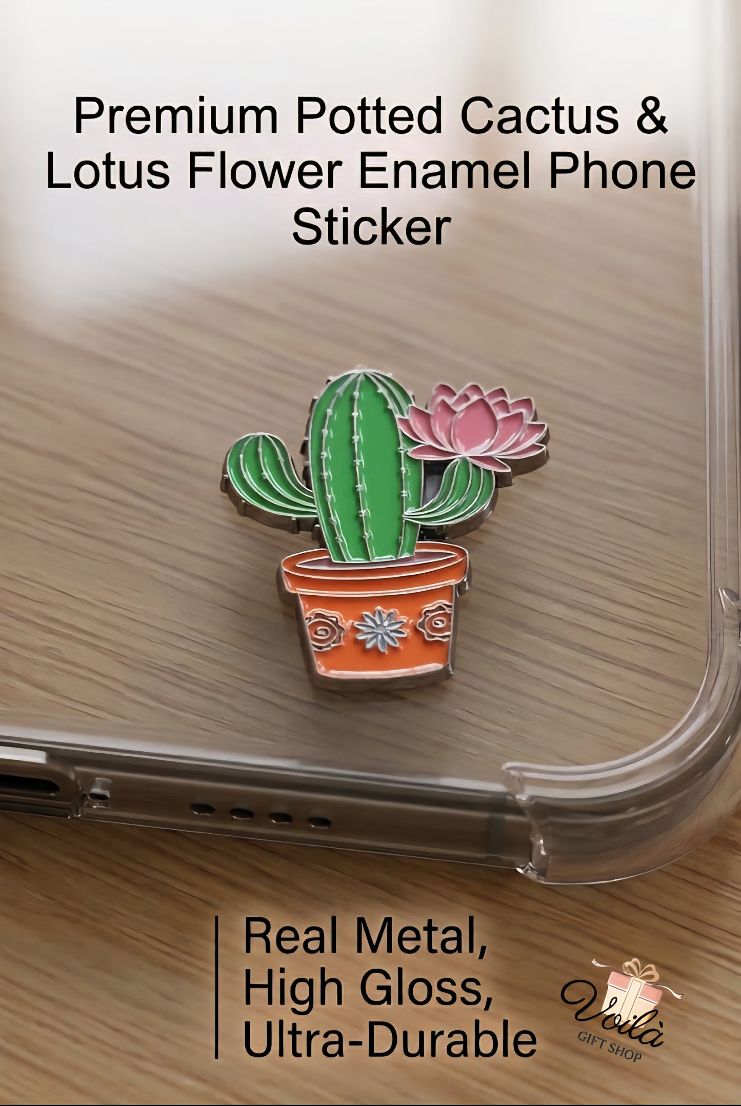Premium potted cactus and lotus flower enamel phone sticker on a clear phone case