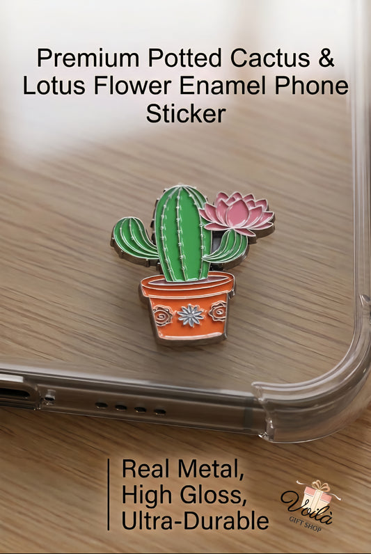 Premium potted cactus and lotus flower enamel phone sticker on a clear phone case