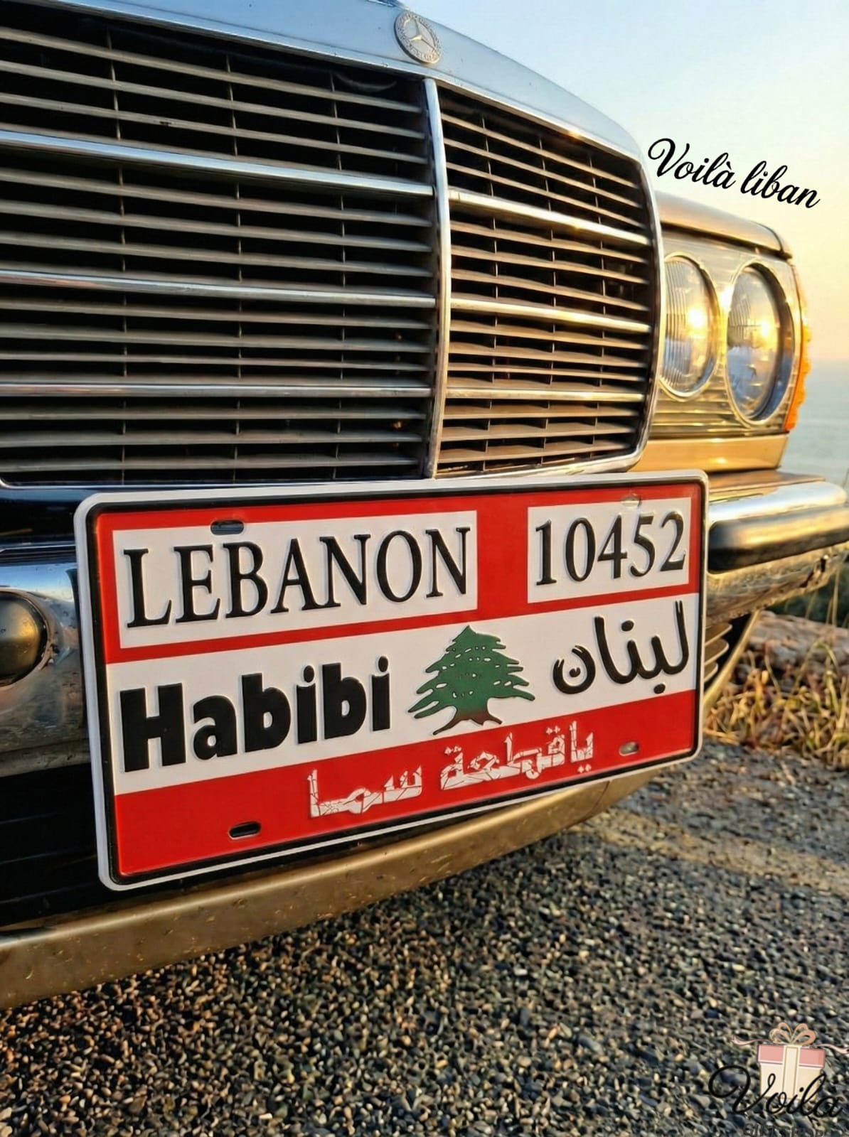 Car license plate from Lebanon with 'Habibi' branding on a vehicle grille.