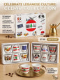 Lebanese-themed porcelain cup set with packaging on a wooden surface