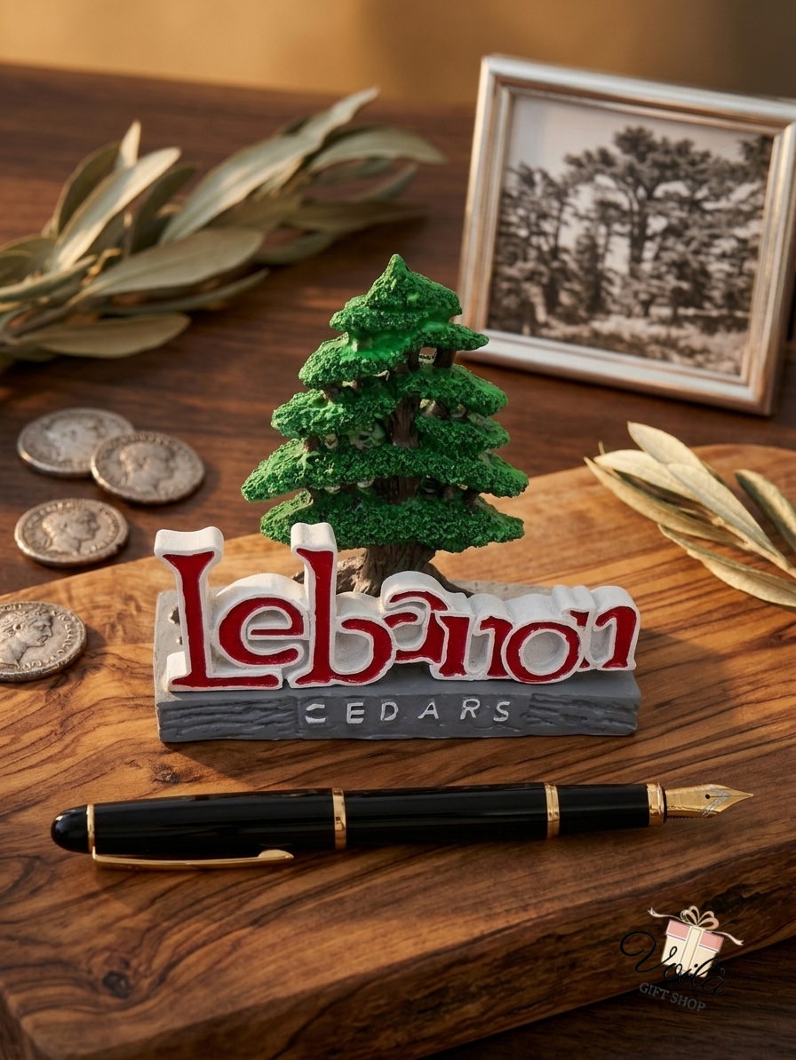 Handcrafted Cedar of Lebanon desk ornament with olive leaves and coins