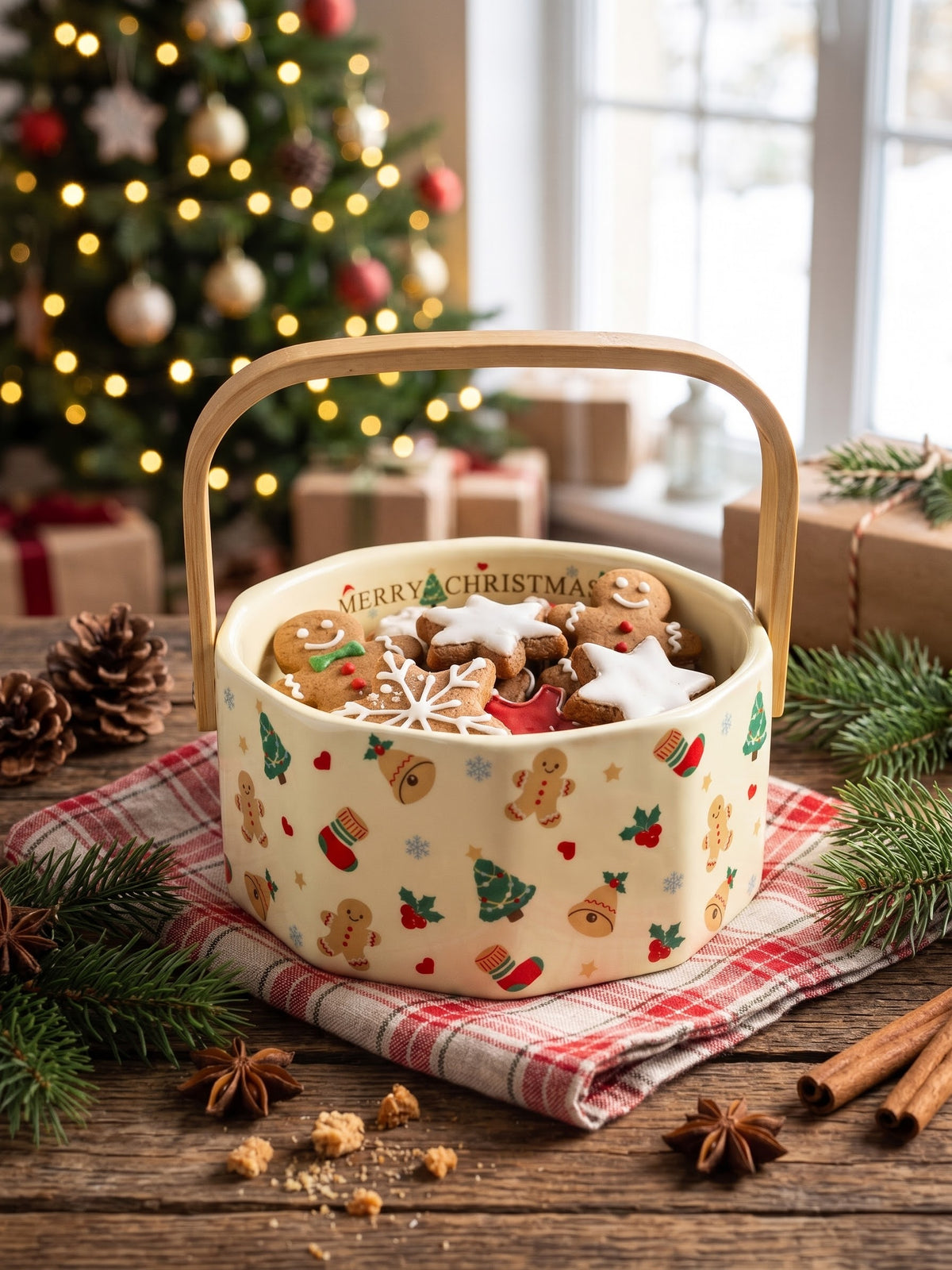 Ceramic Christmas cookie basket with wooden handle filled with gingerbread cookies