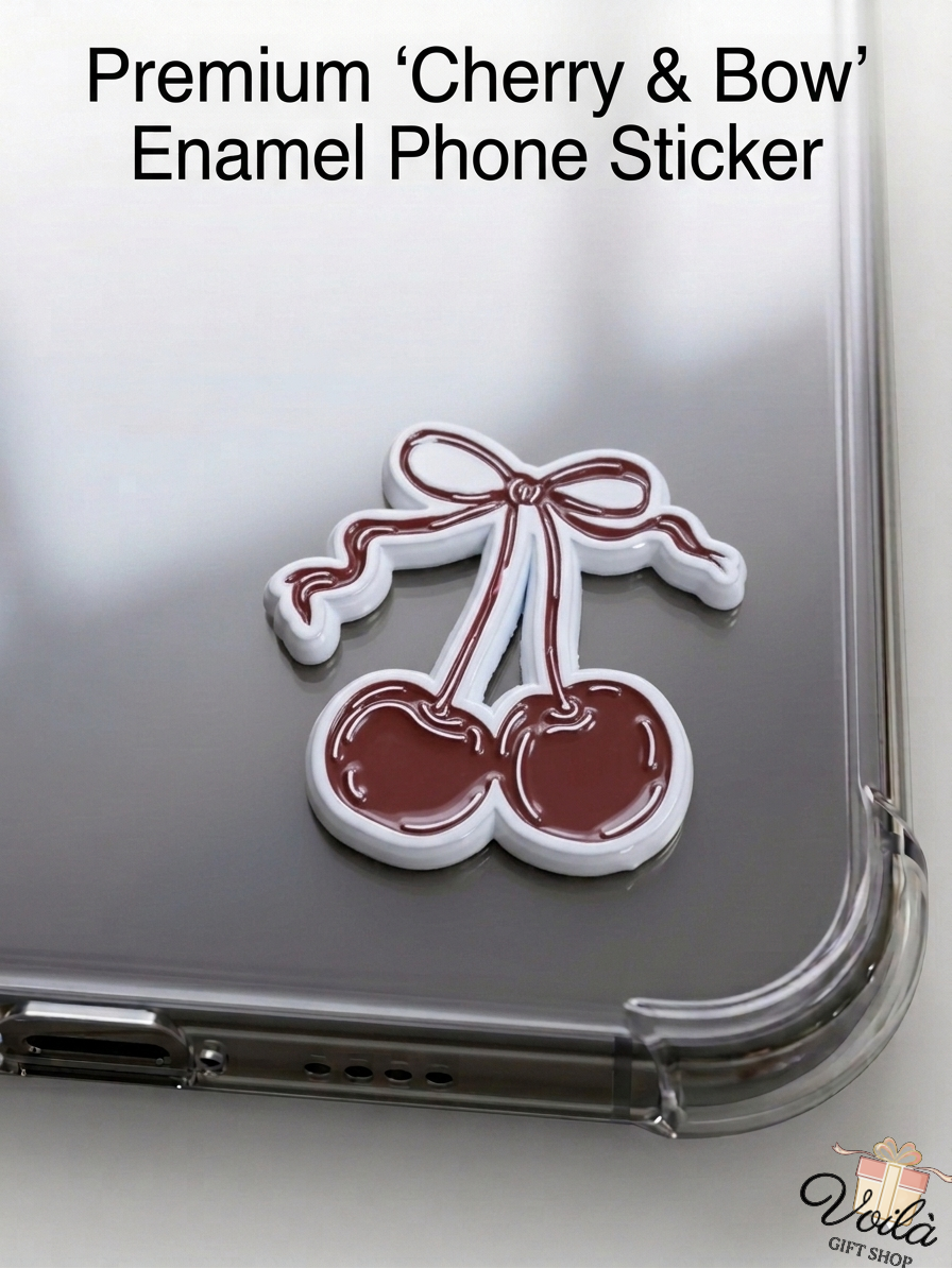 Premium Cherry and Bow enamel phone sticker on a clear phone case