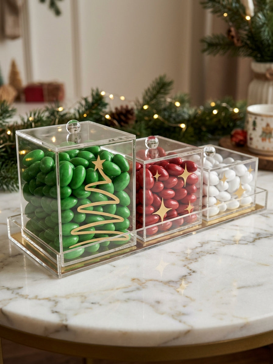Acrylic Christmas dragée jar set filled with red, green, and white mlabbas on a gold-trimmed tray