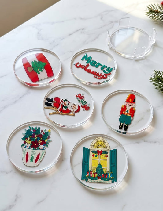 Set of 6 clear acrylic Christmas coasters with Lebanese holiday designs and clear holder