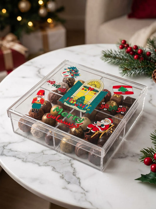 Acrylic Christmas chocolate box with Lebanese flag and arch window motifs for delivery in Lebanon