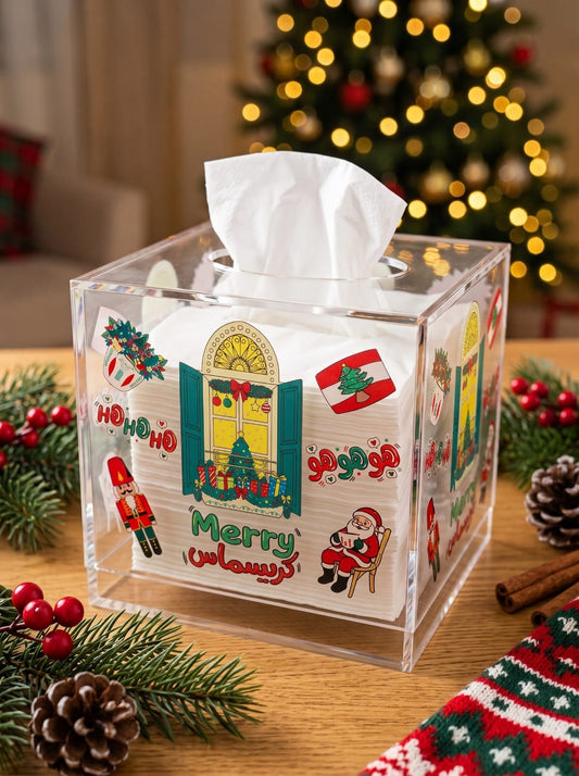 Clear acrylic Christmas tissue box holder with Lebanese cedar flag and Arabic holiday artwork