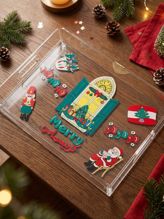 Lebanese Christmas Acrylic Tray with Traditional Window Motif and Santa Drinking Coffee
