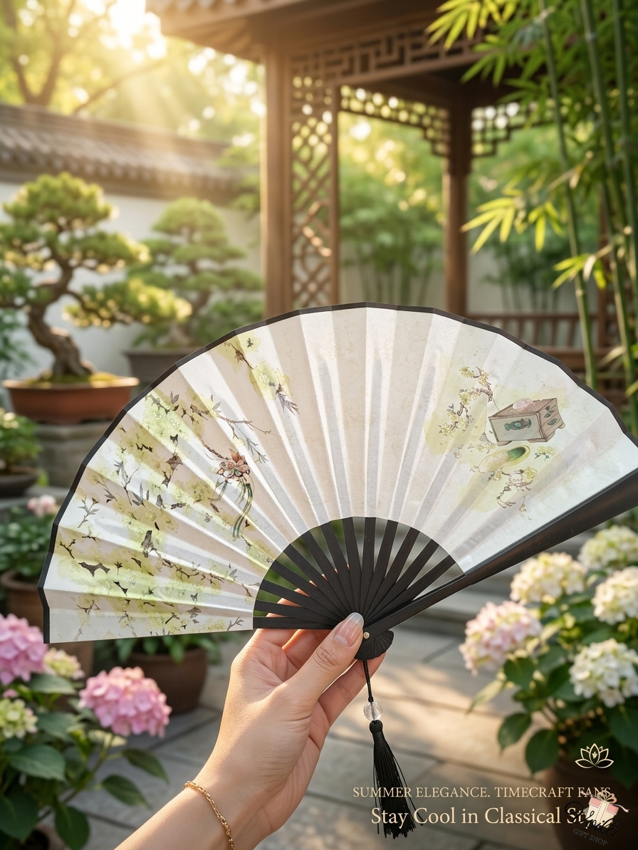 Elegant classical folding hand fan with floral watercolor design and black tassel