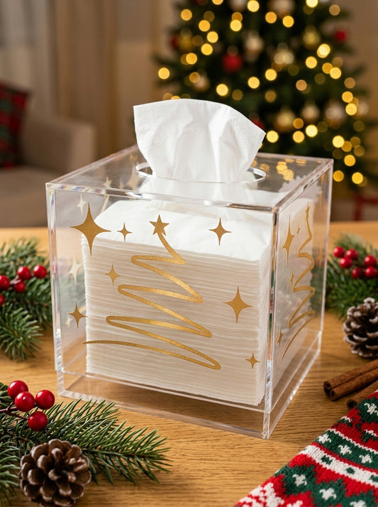 Clear acrylic tissue box cover with gold Christmas tree print
