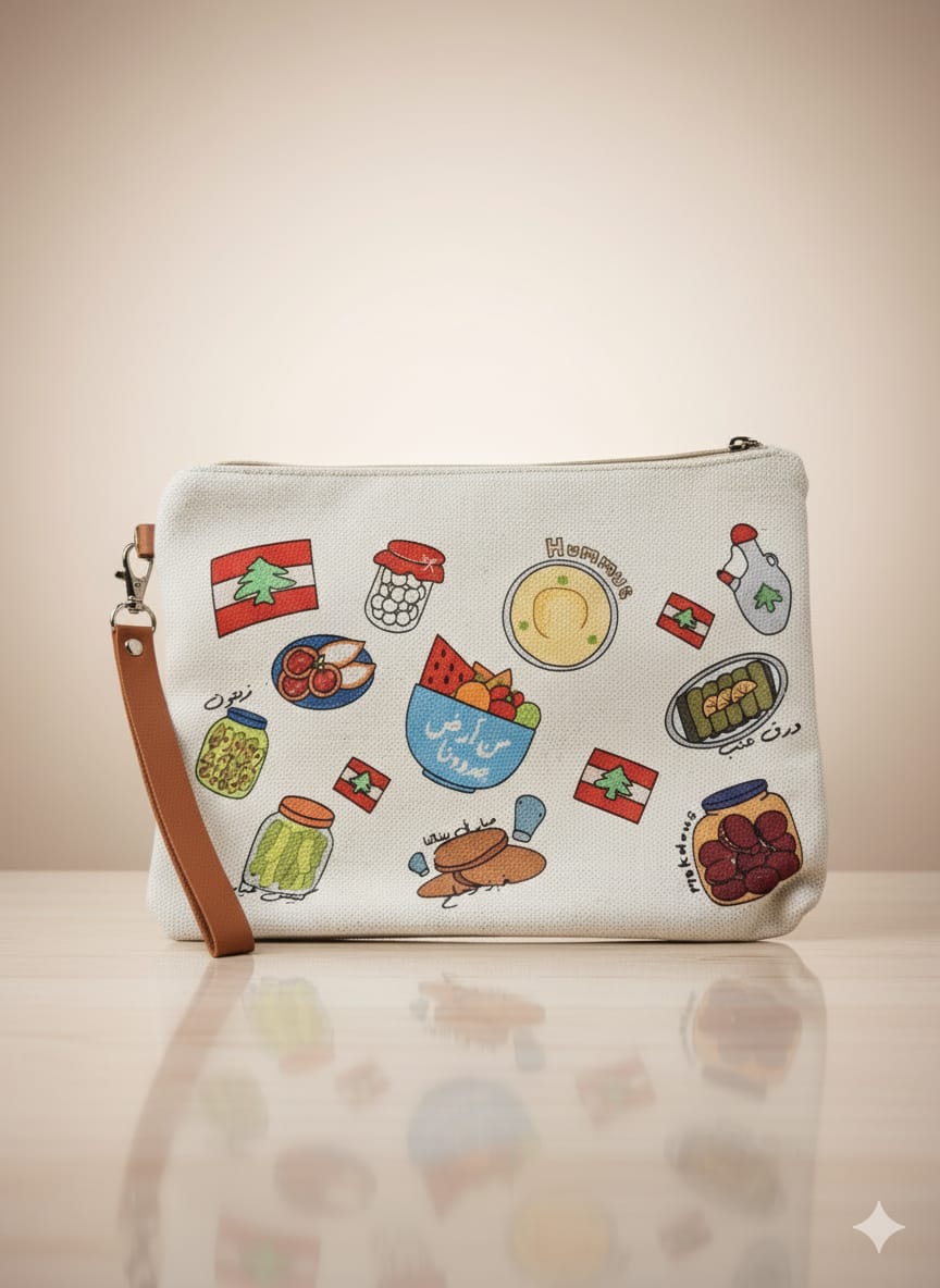 Pouch with colorful illustrations on a beige background
