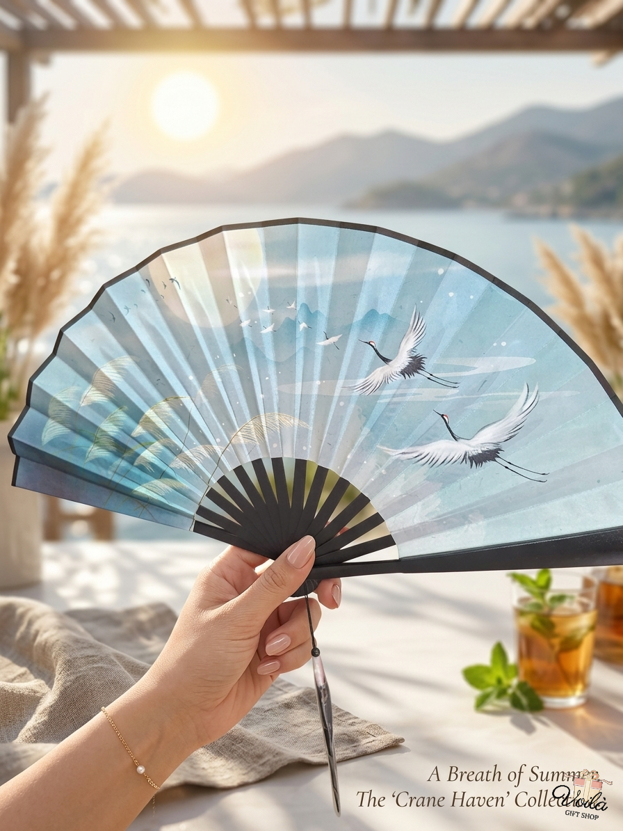 The Crane Haven folding hand fan held against a sunny Mediterranean backdrop