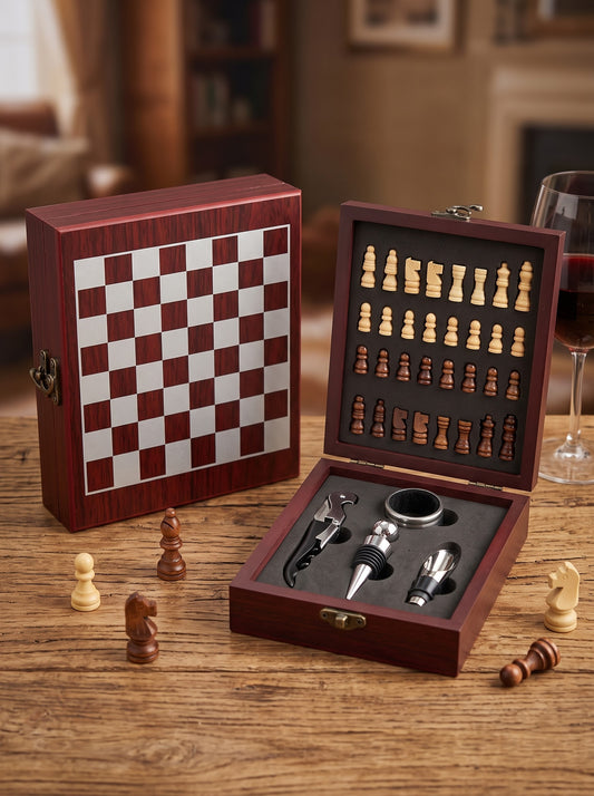 Deluxe wooden chess board box with 4-piece wine opener set and chessmen