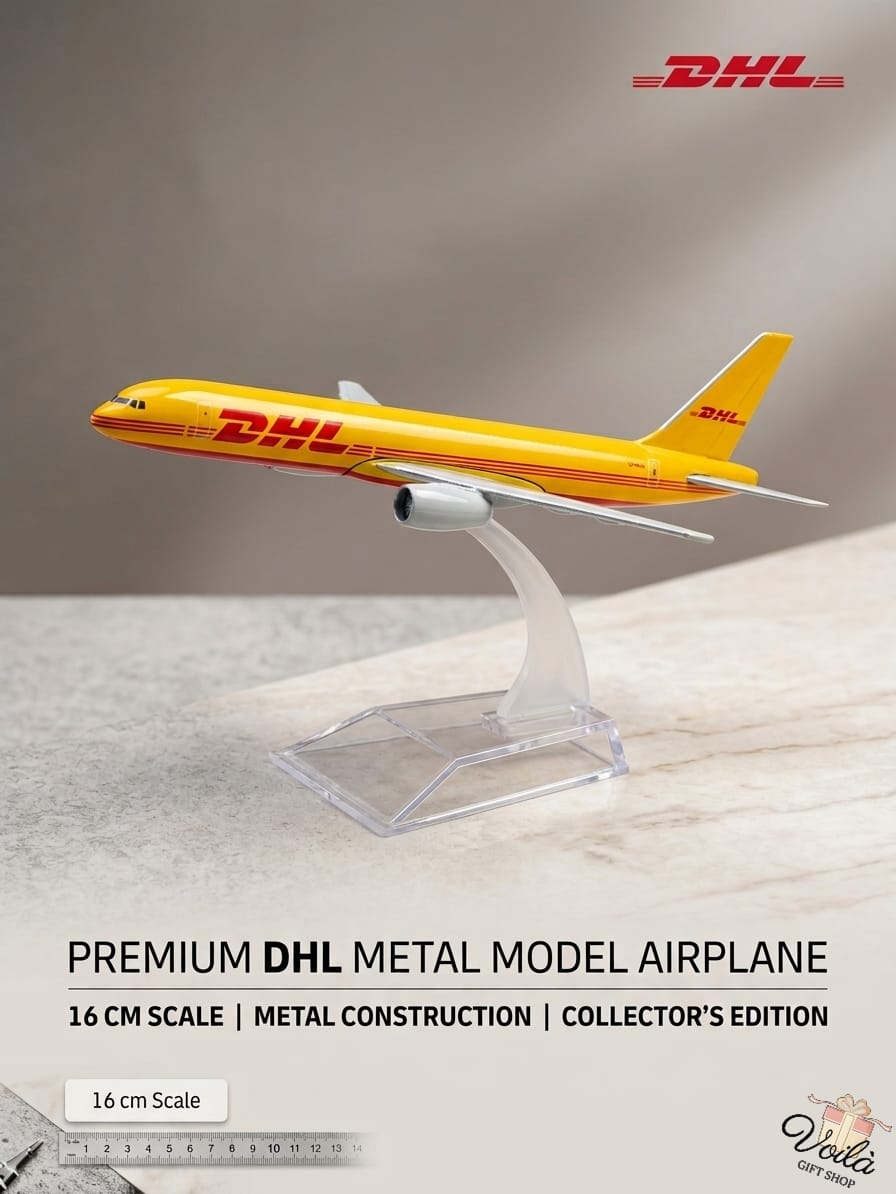 Model airplane with DHL logo on a wooden surface