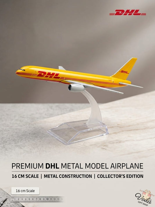Model airplane with DHL logo on a wooden surface