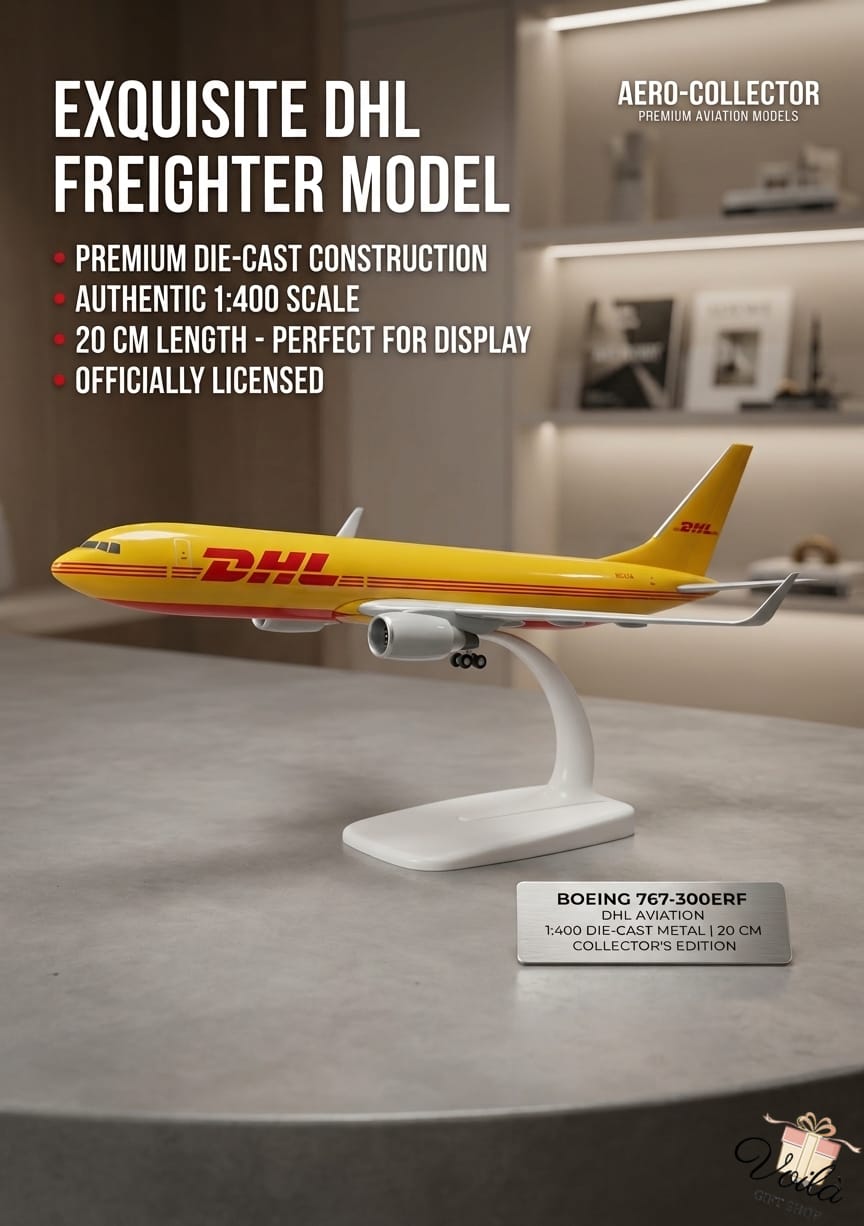 Model airplane with DHL branding on a display stand, featuring product details.