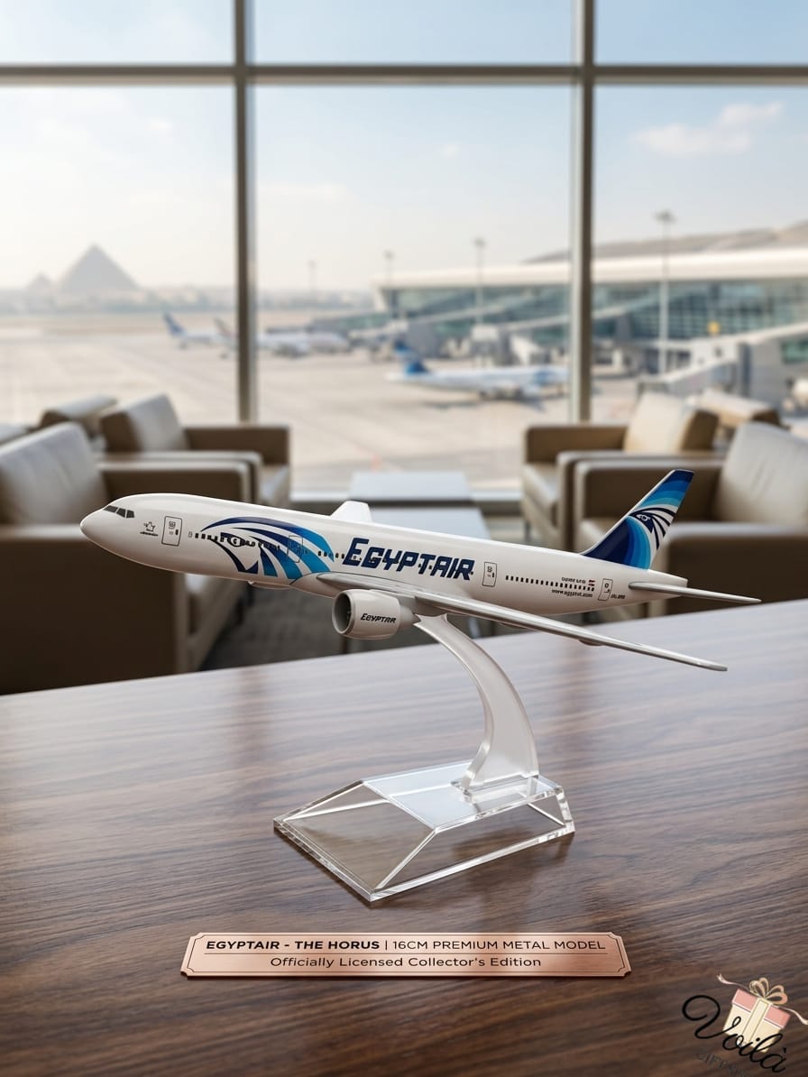 Model of an Egyptair airplane on a stand in an airport setting
