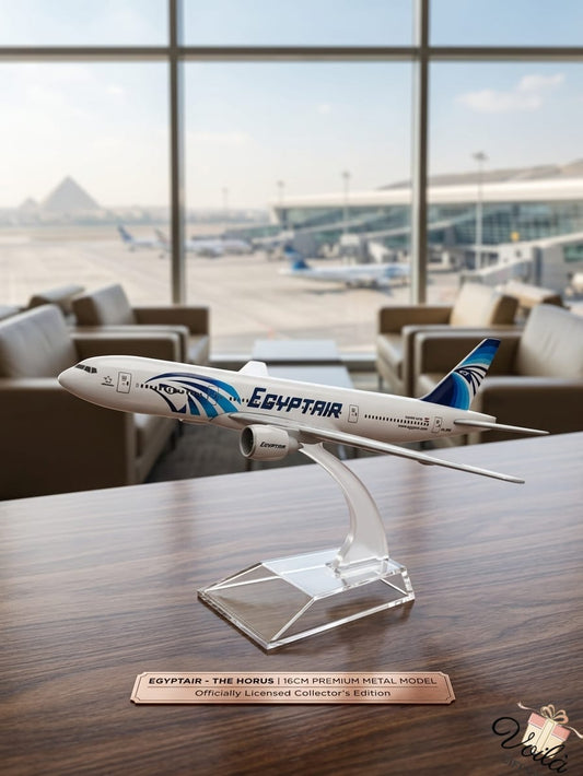 Model of an Egyptair airplane on a stand in an airport setting
