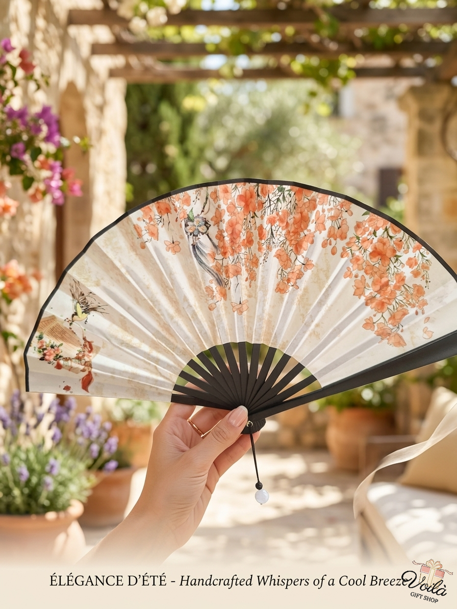 Handcrafted folding fan with orange floral design held in front of a sunny Lebanese stone patio