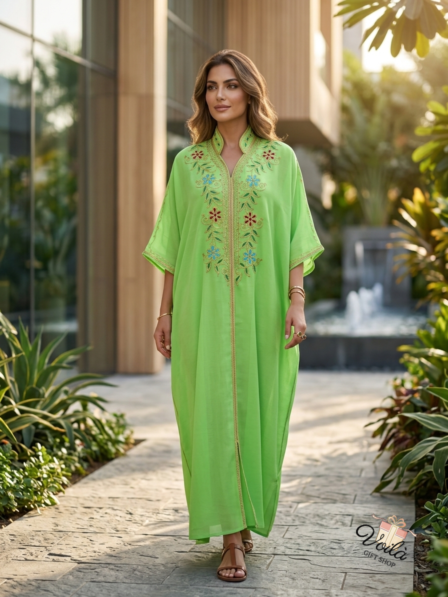 Elegant lime green embroidered abaya with floral details for gift delivery to Lebanon