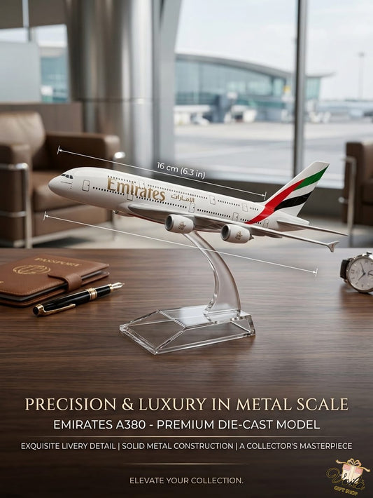 Emirates A380 model airplane on a stand with a background of an airport terminal.