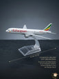 Model of an Ethiopian Airlines airplane on a dark background with measurements indicated.