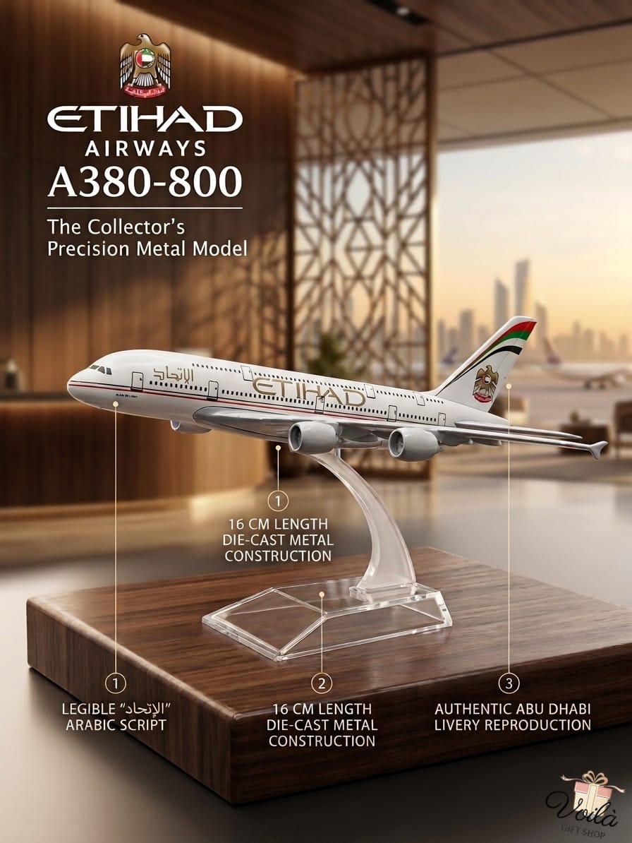 Model airplane on a stand with Etihad Airways branding in an indoor setting.