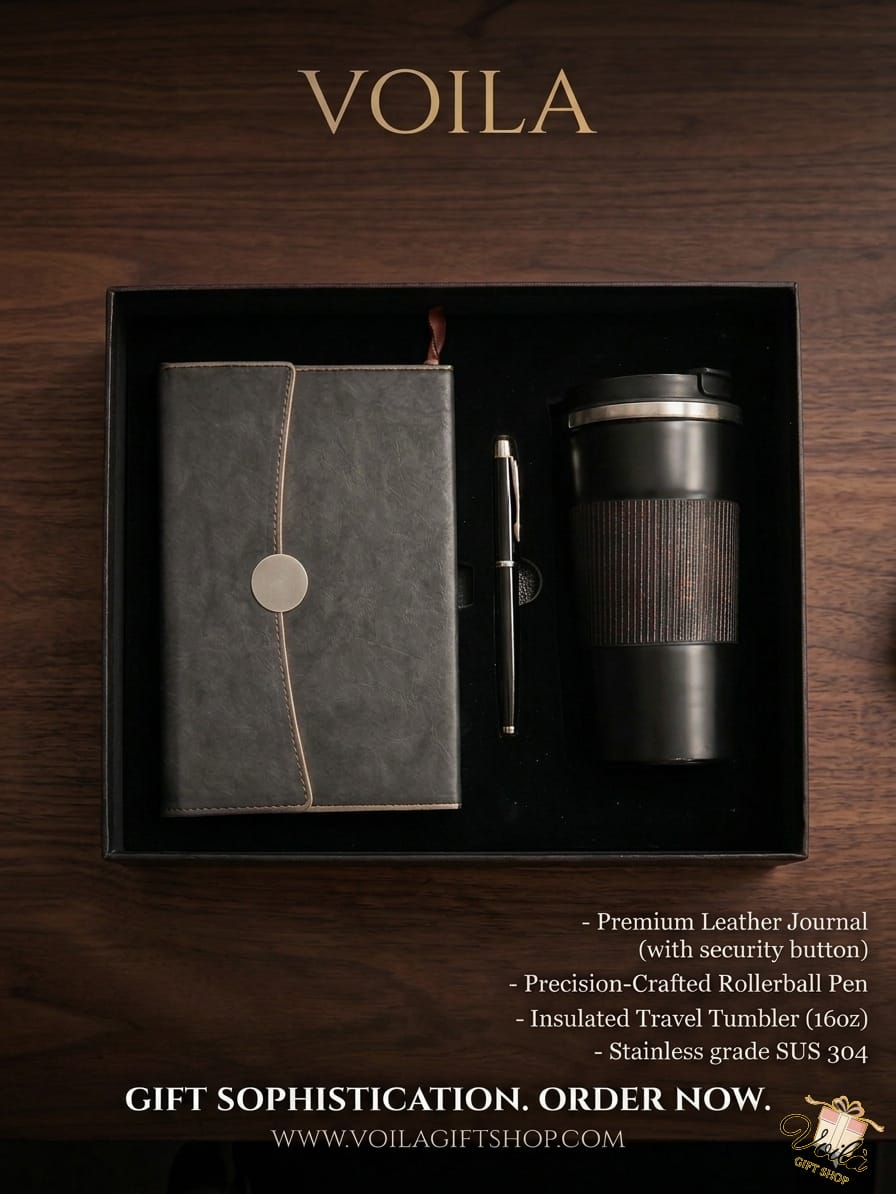 Gift set with leather journal, pen, and insulated tumbler in a black box on a wooden surface.