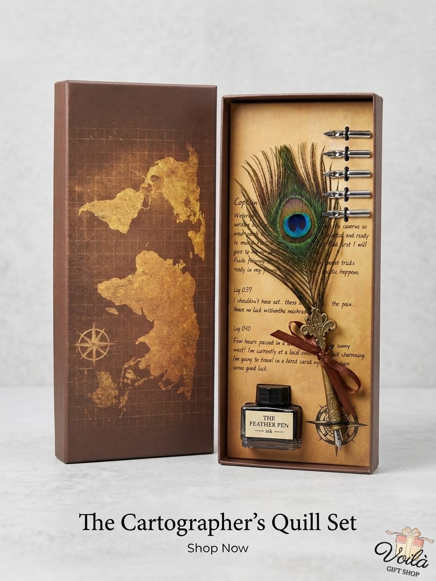Cartographer's Quill Set with peacock feather, ink bottle, and quill in decorative box on light gray background