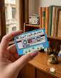 Hand holding a blue retro cassette magnet with Arabic text Baadak Ala Bali Fairuz