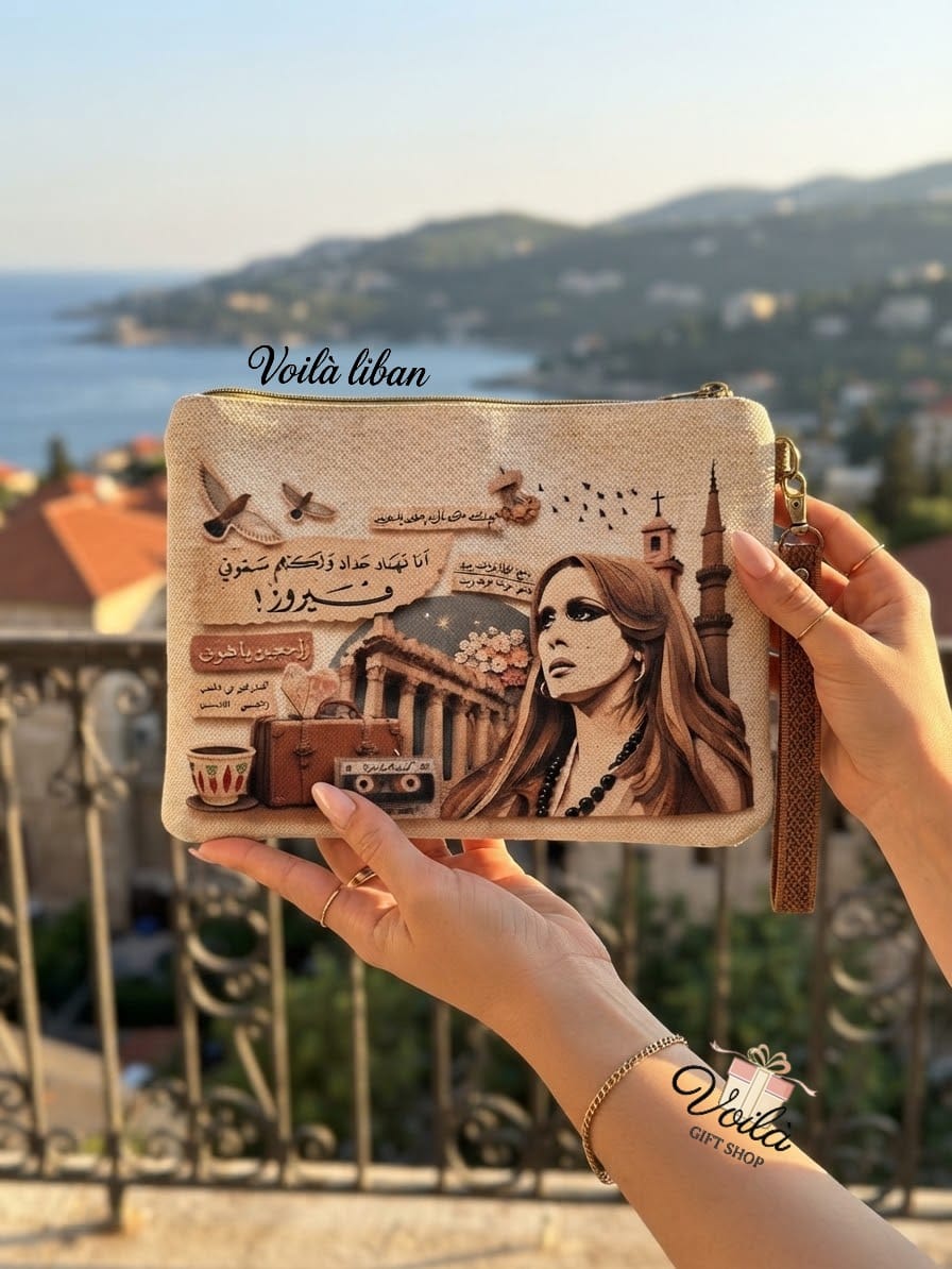 Fairuz Lebanese heritage canvas wristlet pouch featuring nostalgic cultural symbols